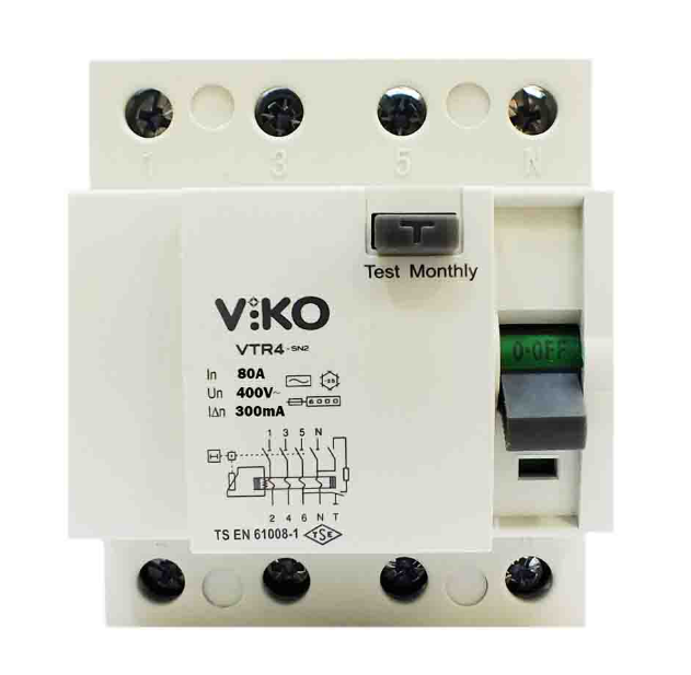 Viko 4x80 Amper 300 Miliamper Trifaze Kaçak Akım Rölesi - VTR4-80300