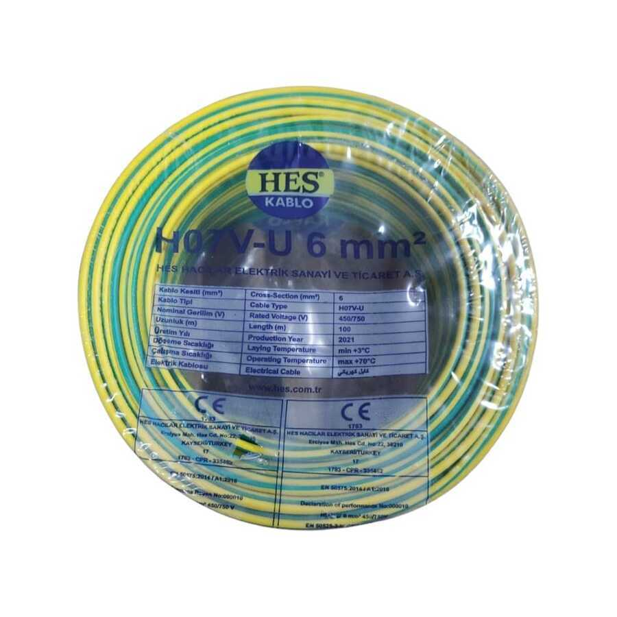 Hes Kablo 6 mm² Nya Tam Bakır TSE Kablo H057V-U  - 100 Metre Sarı Yeşil