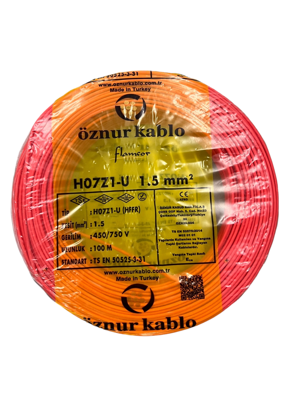 Öznur 1.5 mm² Nya Halogen Free Tam Bakır TSE Kablo H0(5/7Z1)U/R  - 100 Metre Kırmızı