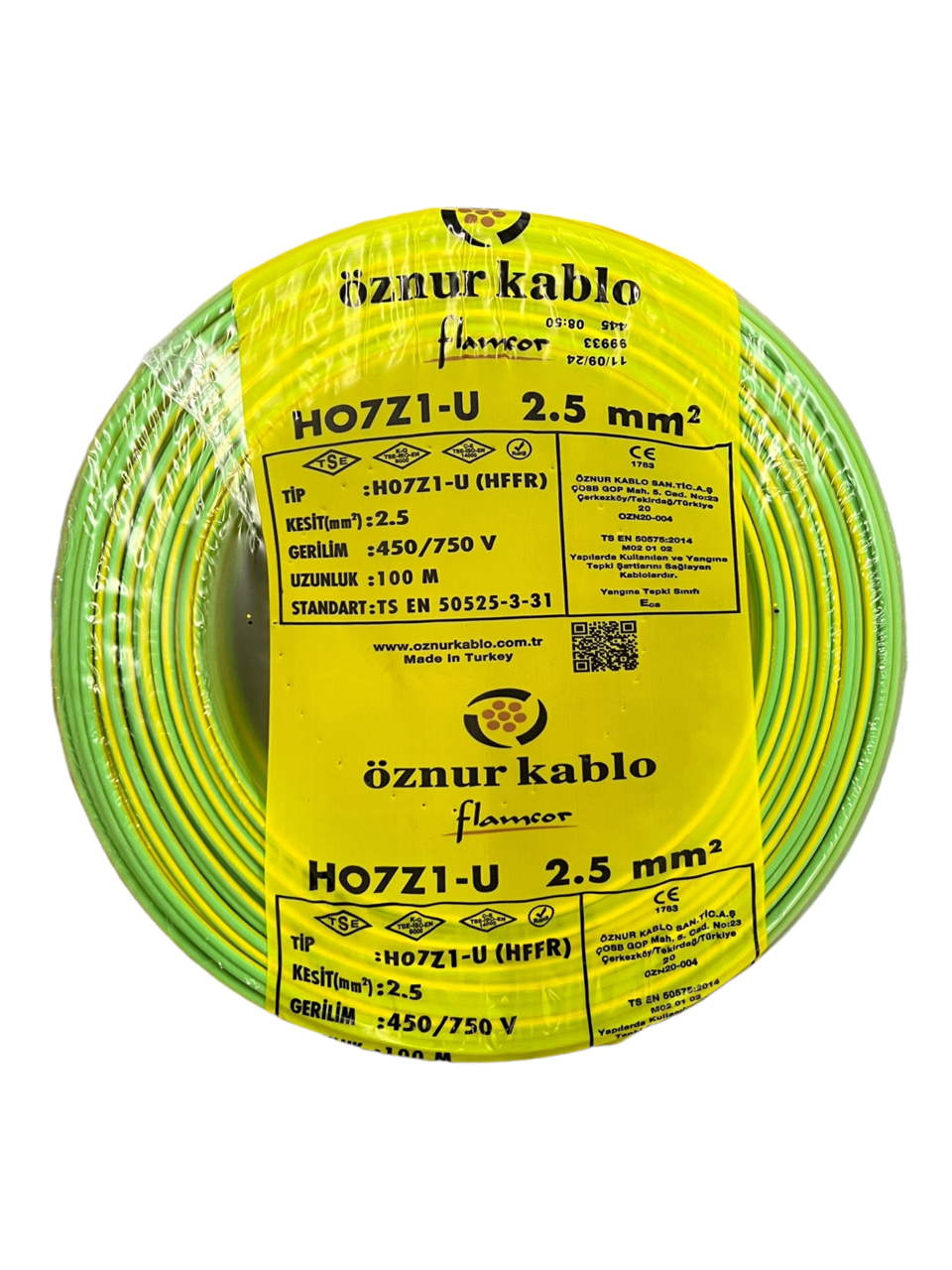 Öznur 2.5 mm² Nya Halogen Free Tam Bakır TSE Kablo H0(5/7Z1)U/R  - 100 Metre Sarı Yeşil