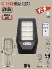 Cata 40W Beyaz Işık 6500K Sensörlü Led Kumandalı Solar Sokak Armatürü CT-4693