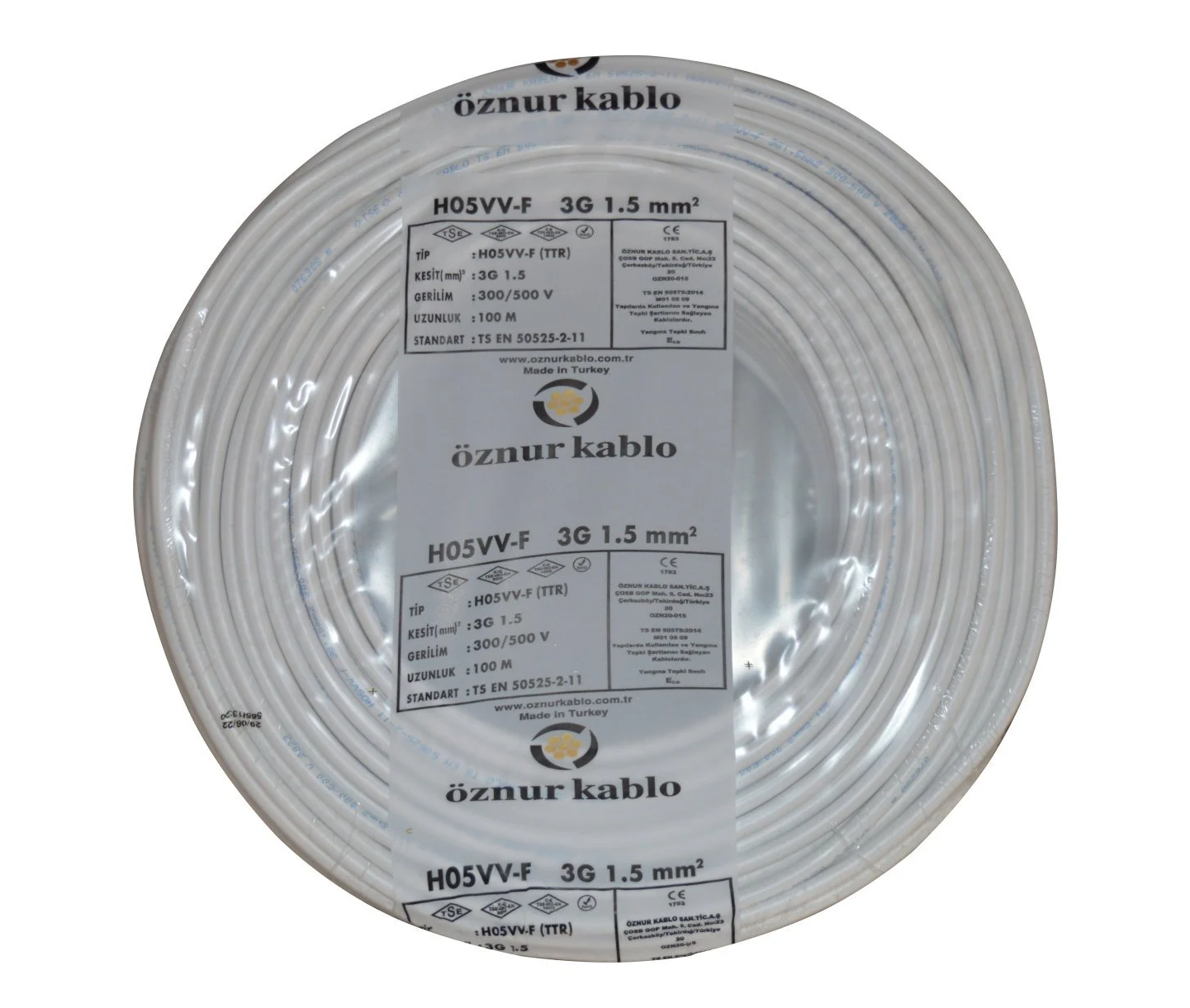 Öznur 3x1.5 mm² TTR Kablo Beyaz/Siyah Renk H05VV-F Tam Bakır - 100 Metre Beyaz