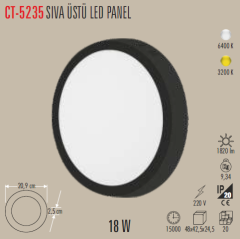 Cata CT-5235 18W Sıva Üstü Yuvarlak LED Panel Armatür - Siyah Kasa