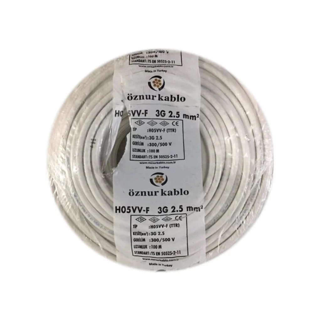 Öznur 3x2.5 mm² TTR Kablo Beyaz/Siyah Renk H05VV-F Tam Bakır - 100 Metre Beyaz