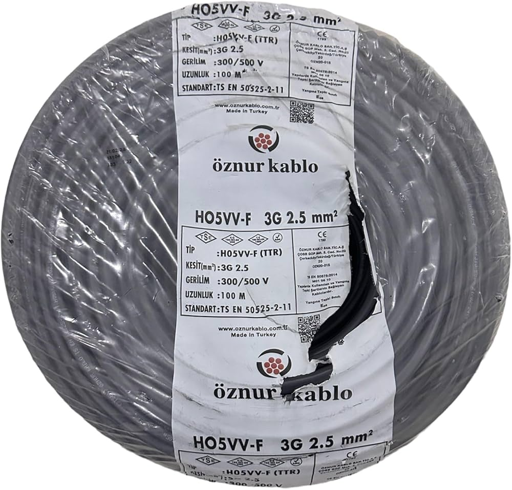 Öznur 3x2.5 mm² TTR Kablo Beyaz/Siyah Renk H05VV-F Tam Bakır - 100 Metre Siyah