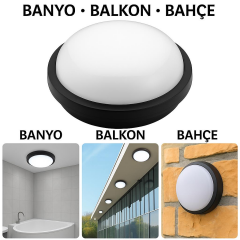 Horoz Artos 15W Yuvarlak Siyah Led Nem Su Geçirmez Banyo Bahçe Modern Tavan Lambası