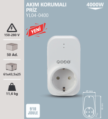 Noas Tekli Akım Korumalı Priz Beyaz Anahtarlı 918 Joule YL04-0400