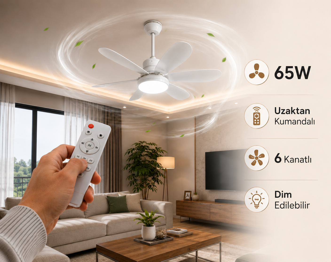 Volttrend 40w Led 6 Pervaneli Tavan Vantilatörü E27 Duylu 3 Renk Fonksiyonlu 2089