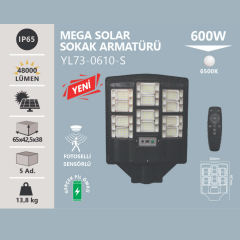 Noas 600W Beyaz Işık 6500K Sensörlü Led Kumandalı Solar Sokak Armatürü YL73-0610-S