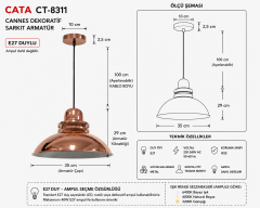 Cata CT-8311 Cannes Dekoratif Sarkıt Armatür E27 Duylu (Bakır Duy+34cm)