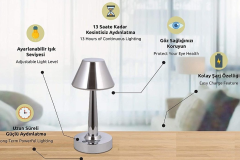 NOAS YL86-1701 Galata Krom Dokunmatik, Dimli ve Şarjlı LED Masa Lambası - Gün Işığı (3200K)