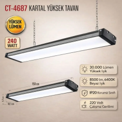 Cata CT-4687 Kartal Platinum Seri 240W 6400K Beyaz Işık Yüksek Tavan Lineer LED Armatür (IP65)