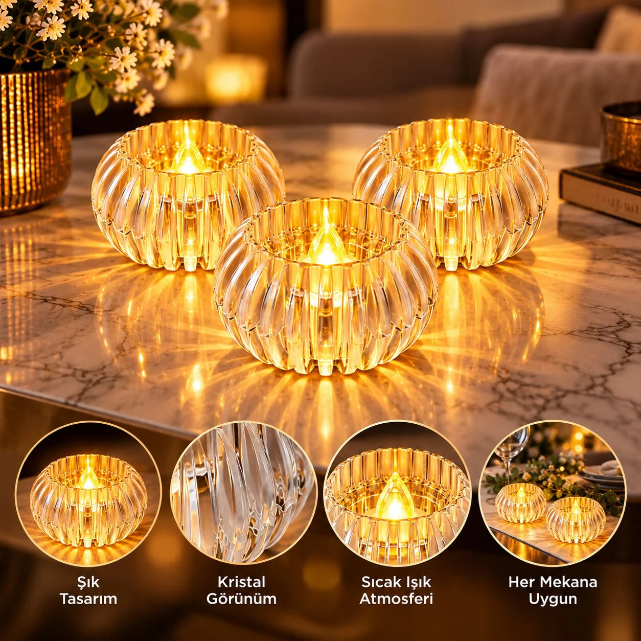 Cata CT-8431 Kapadokya 1W Amber 3'lü Işıklı Mum Seti - Kristal Cam Gövdeli Dekoratif Masa Lambası
