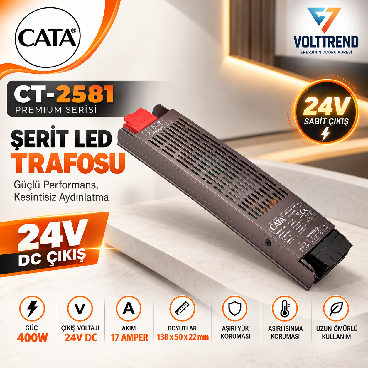 Cata 17 Amper 400W 24 Volt Klemensli Premium Şerit Led Trafosu Adaptör CT-2581