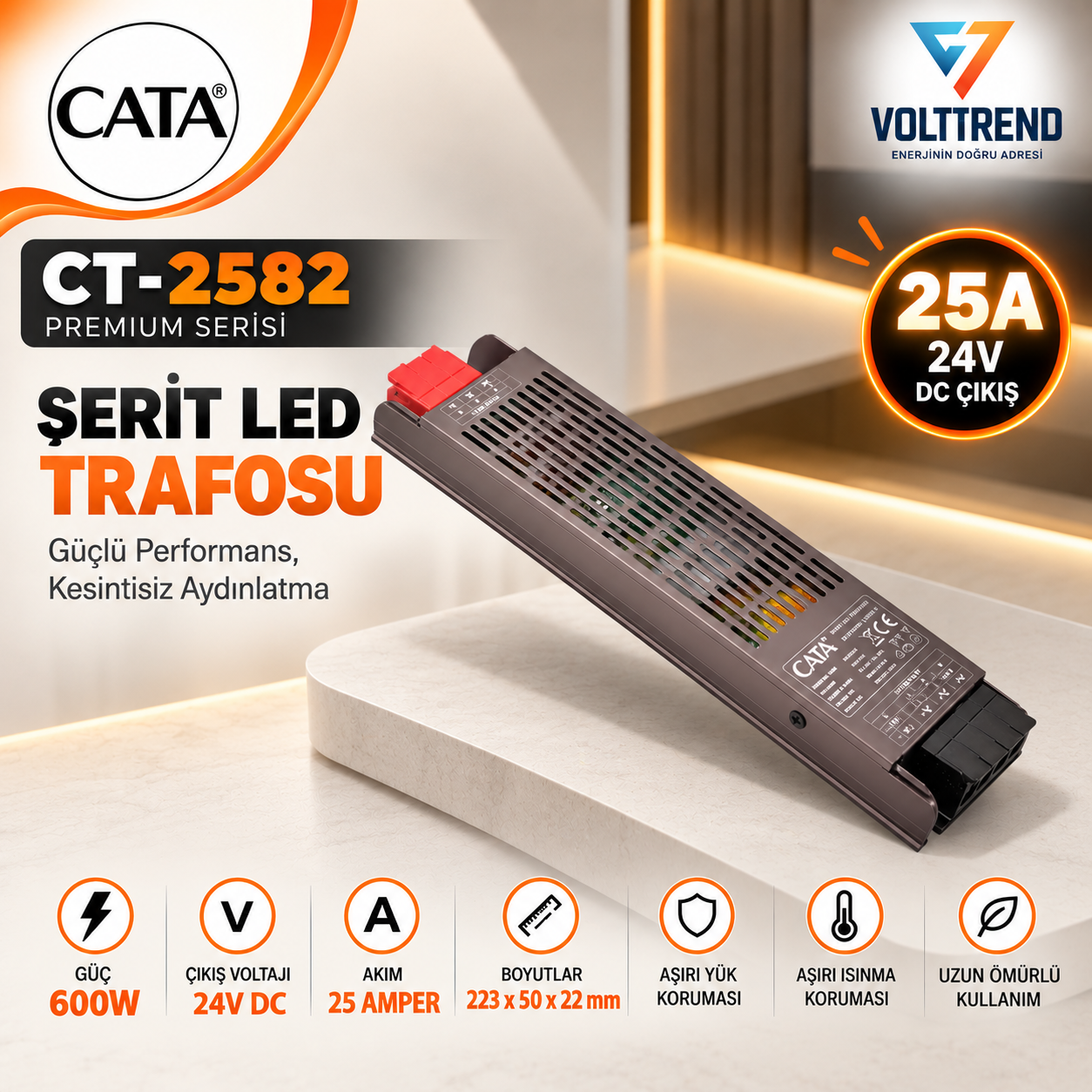 Cata 25 Amper 600W 24 Volt Klemensli Premium Şerit Led Trafosu Adaptör CT-2582