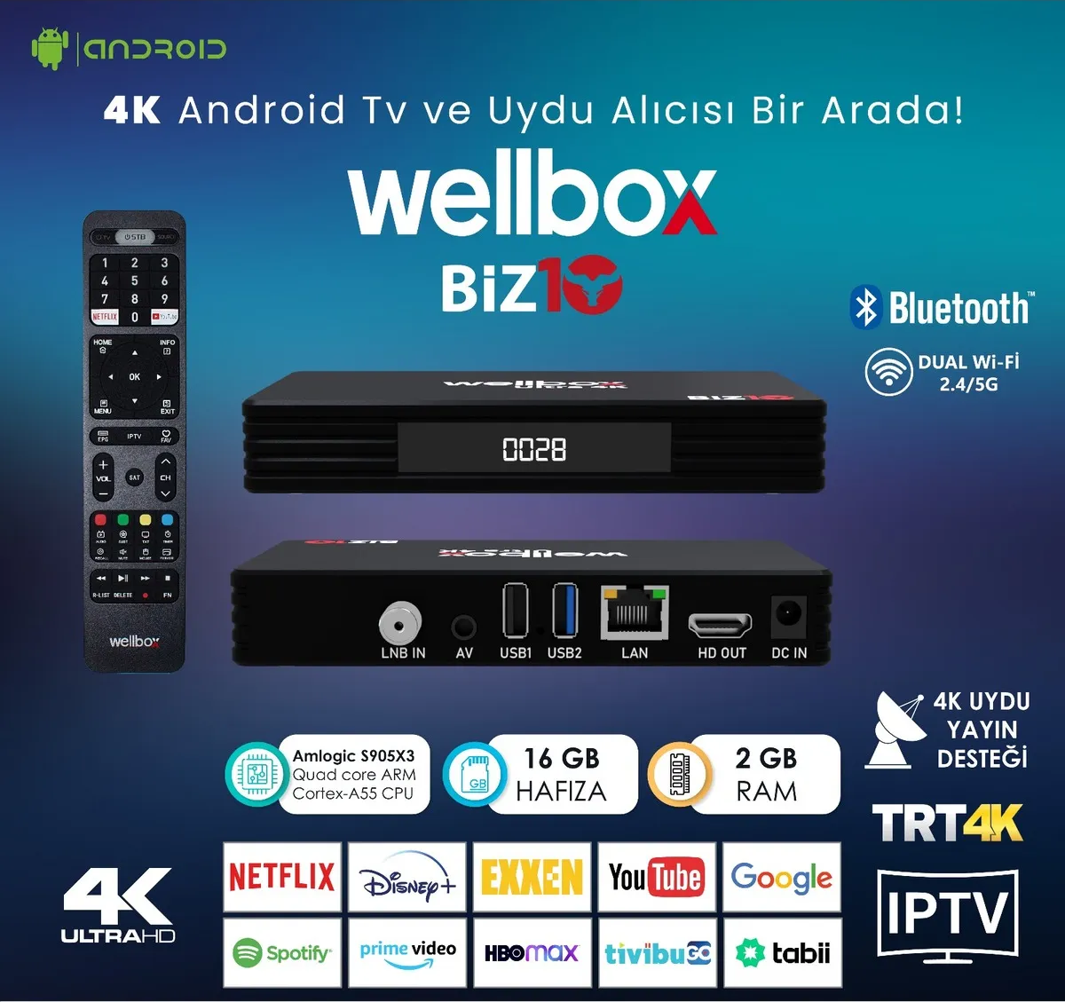Wellbox Android Tv Box Uydu Alıcısı 2gb Ram 16GB Hafıza BİZ10 4K