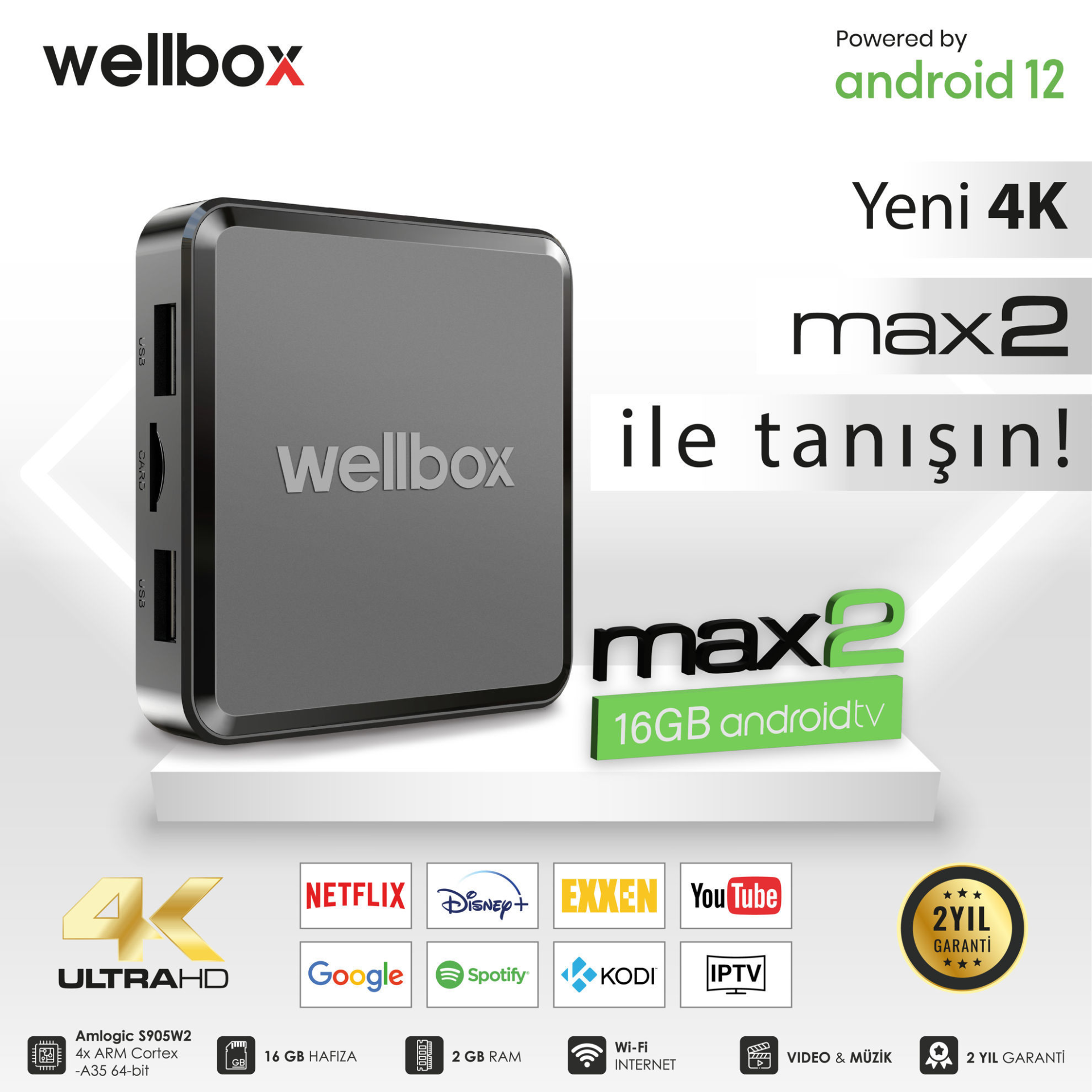 Wellbox Max2 Android Tv Box Tvbox Iptv Media Player 2gb Ram 16GB Hafıza Android 12