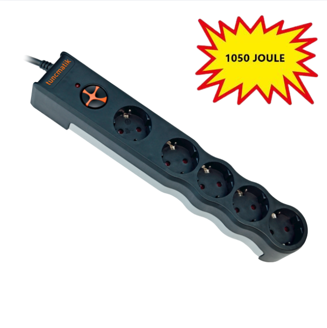 Tunçmatik Beşli Akım Korumalı Priz Anahtarlı, 1.5 Metre Kablolu 1050 Joule TSK6134, TSK6136 Siyah