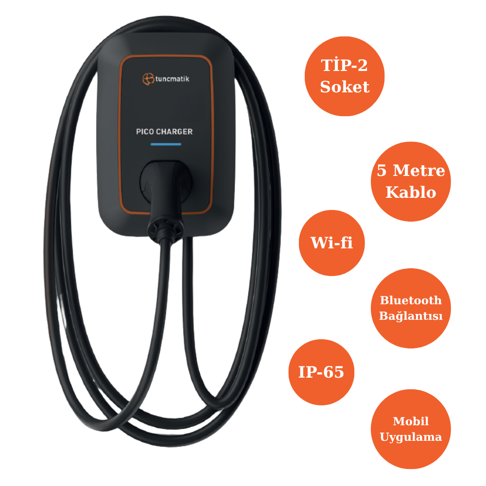 Tunçmatik 22kw / 32a Trifaze Pico Charger AC Tipi Bireysel Araç Şarj İstasyonu 5 Metre Kablolu TSK16060