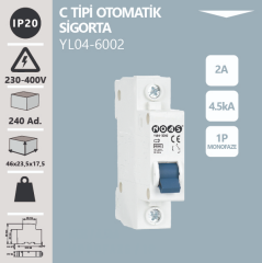 Noas 1X2 Amper 1 Fazlı C Tipi 4.5 kA Ev Tipi Otomatik Sigorta YL04-6002