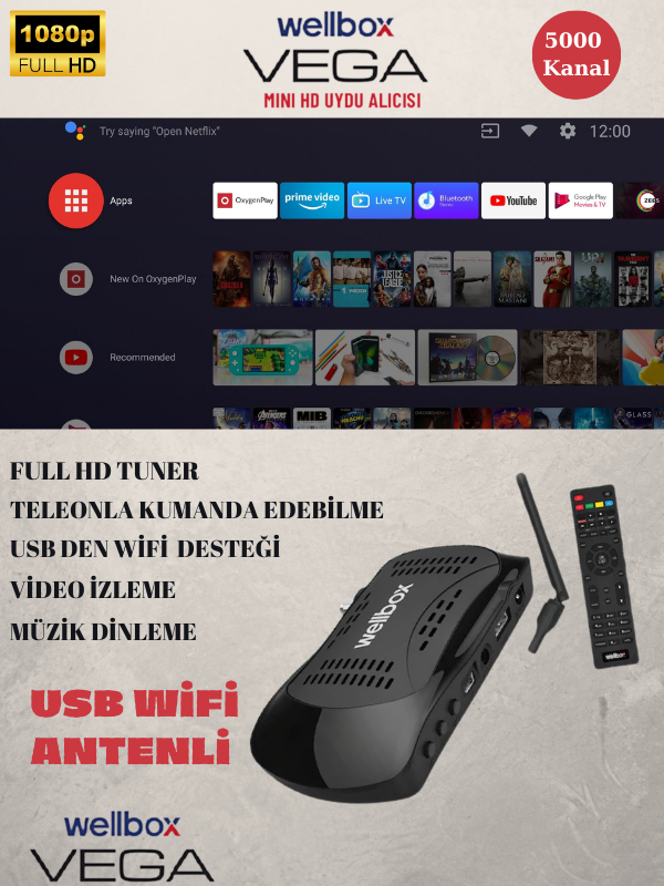 Wellbox Vega Wifi Anten Dahil Çanaklı Çanaksız 2024 Model Full Hd Uydu Alıcı Free Ip Tiktok Youtube Siyah