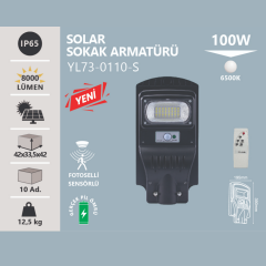 Noas 100W Beyaz Işık 6500K Sensörlü Led Kumandalı Solar Sokak Armatürü YL73-0110-S