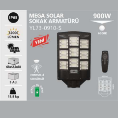 Noas 900W Beyaz Işık 6500K Sensörlü Led Kumandalı Solar Sokak Armatürü YL73-0910-S