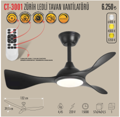 Cata Zurih 40w Ledli 132cm 3 Renk Mod Siyah Renk Tavan Vantilatörü CT-3001