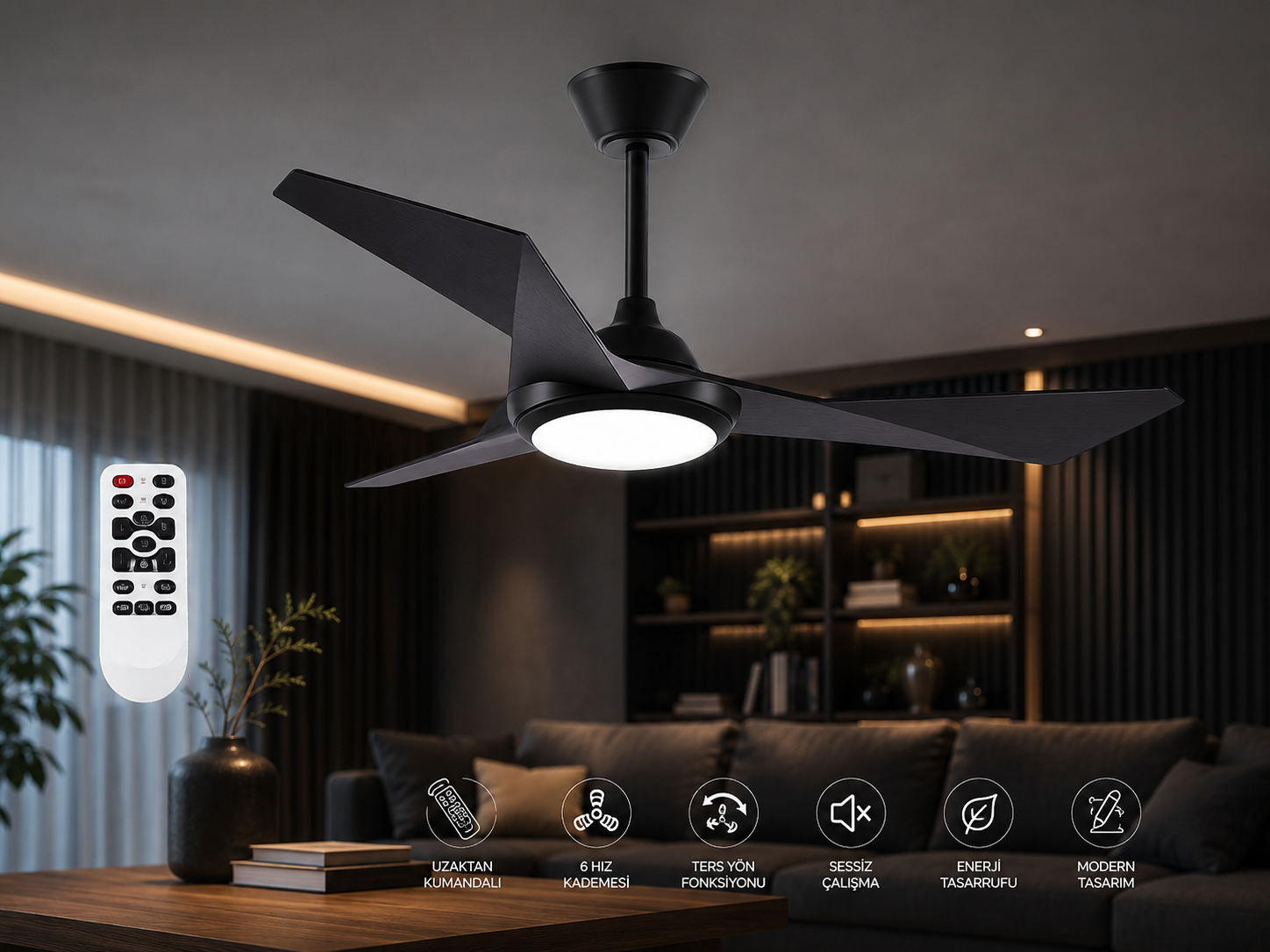 Cata Zurih 40w Ledli 132cm 3 Renk Mod Siyah Renk Tavan Vantilatörü CT-3001