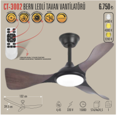 Cata Bern 40w Ledli 132cm 3 Renk Mod Ahşap Görünümlü Tavan Vantilatörü CT-3002