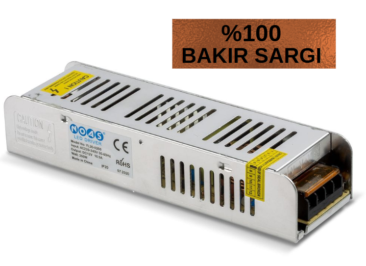 Noas 16,5 Amper 200W 12 Volt Şerit Led Trafosu Slim Bakır Sargı YL20-0200