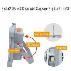Cata Miami 200W Portatif Taşınabilir Şarjlı Solar Led Projektör Dimlenebilir Işık CT-4698