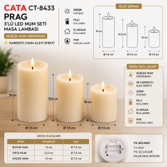 Cata CT-8433 Prag Pilli 3 Lü Set Mum Dekoratif Masa Lambası 3200k Gün Işığı