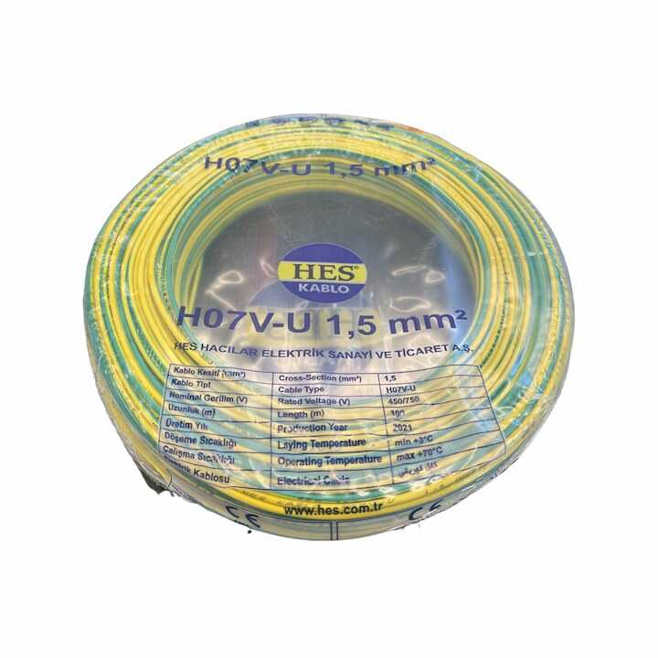 Hes Kablo 1,5 mm² Nya Tam Bakır TSE Kablo H057V)U  - 100 Metre Sarı Yeşil