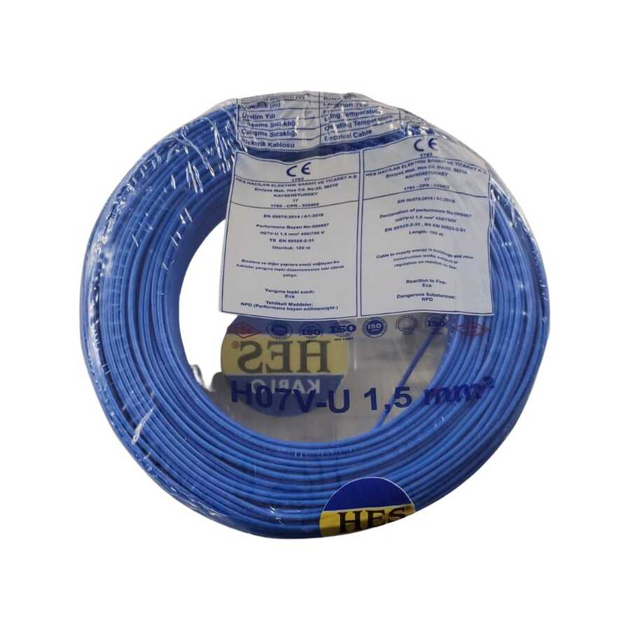 Hes Kablo 1,5 mm² Nya Tam Bakır TSE Kablo H057V)U  - 100 Metre Mavi