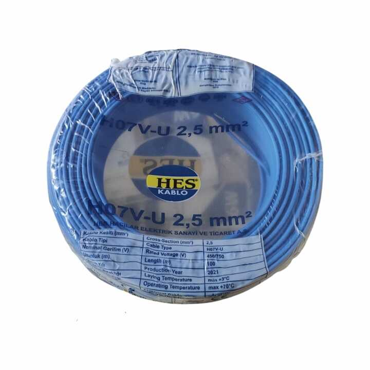 Hes Kablo 2,5 mm² Nya Tam Bakır TSE Kablo H057V-U  - 100 Metre Mavi