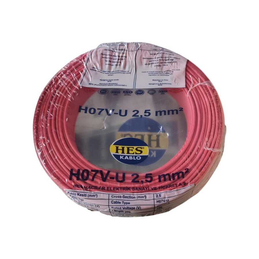 Hes Kablo 2,5 mm² Nya Tam Bakır TSE Kablo H057V-U  - 100 Metre Kırmızı